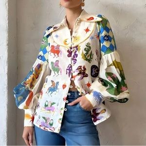 NEW Magic Graffiti Print Lapel Puff Sleeve Cardigan Shirt